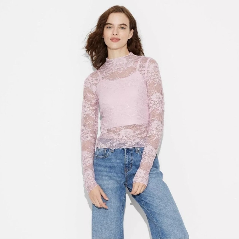 Wild Fable Light Pink Sequin Sheer Lace Long Sleeve Top Size S